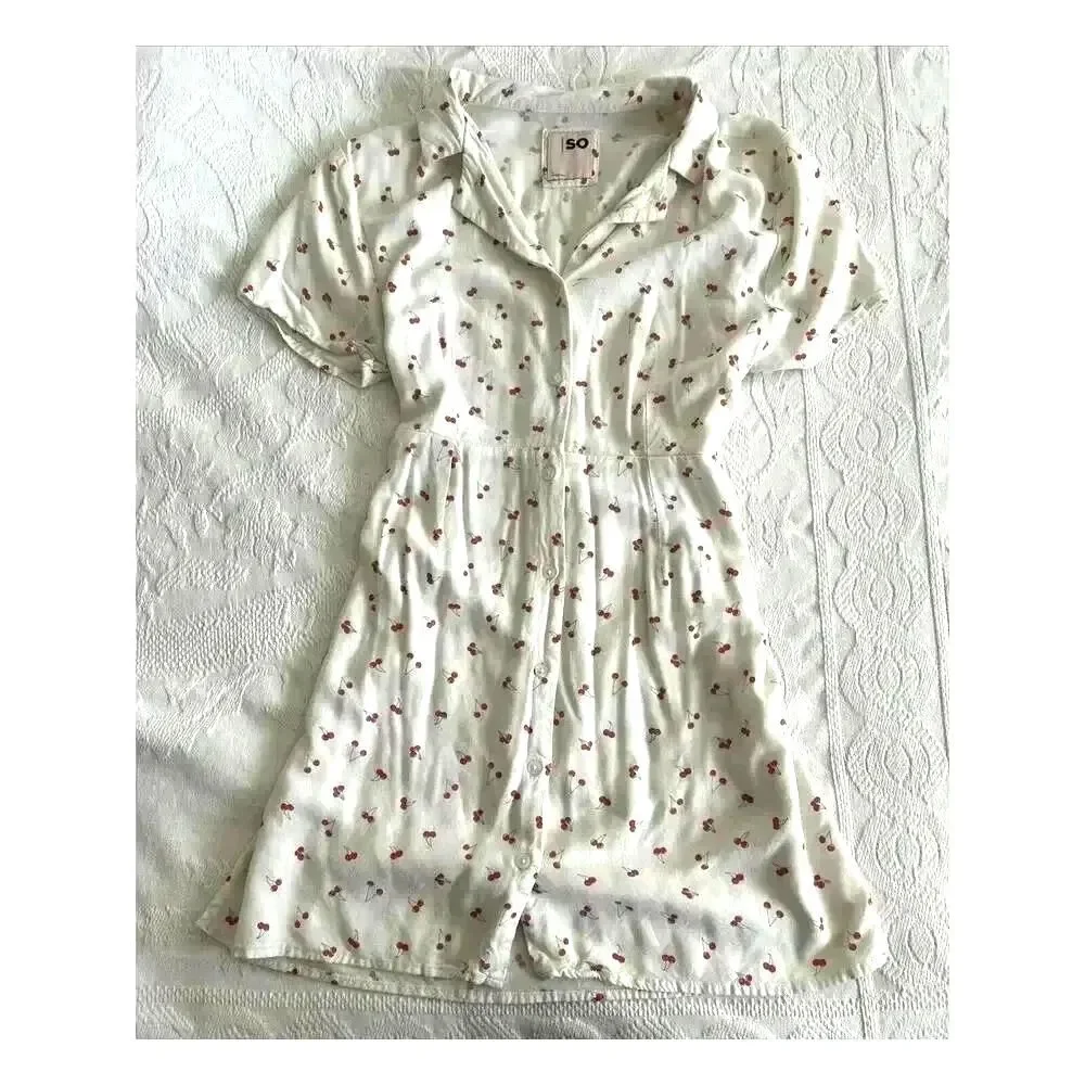 Cherry Print Retro Rockabilly Mini Dress Button Down Tie Back SO Size Large